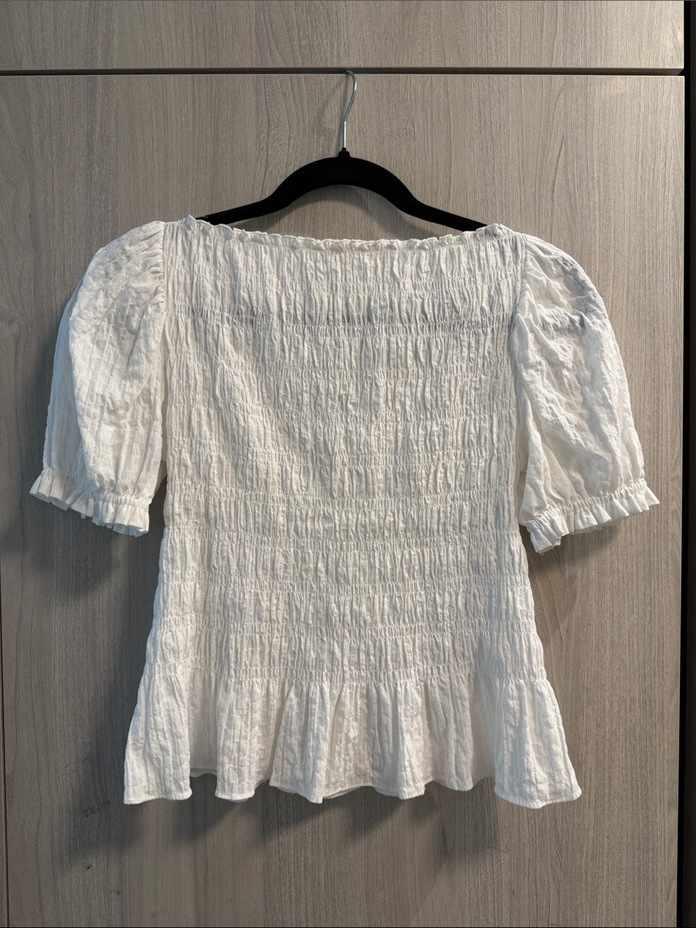 H&M White Smocked Peplum Puff-Sleeve Top